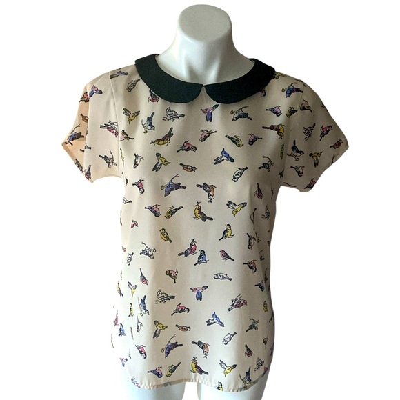 Pink Rose Women’s Cream Short Sleeve Bird Blouse With Peter Pan Collar Size L - Picture 1 of 8